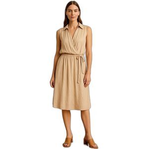 NEW  POL Small Peach / Beige Knee Length Dress Sleeveless Tie Waist Back Slit